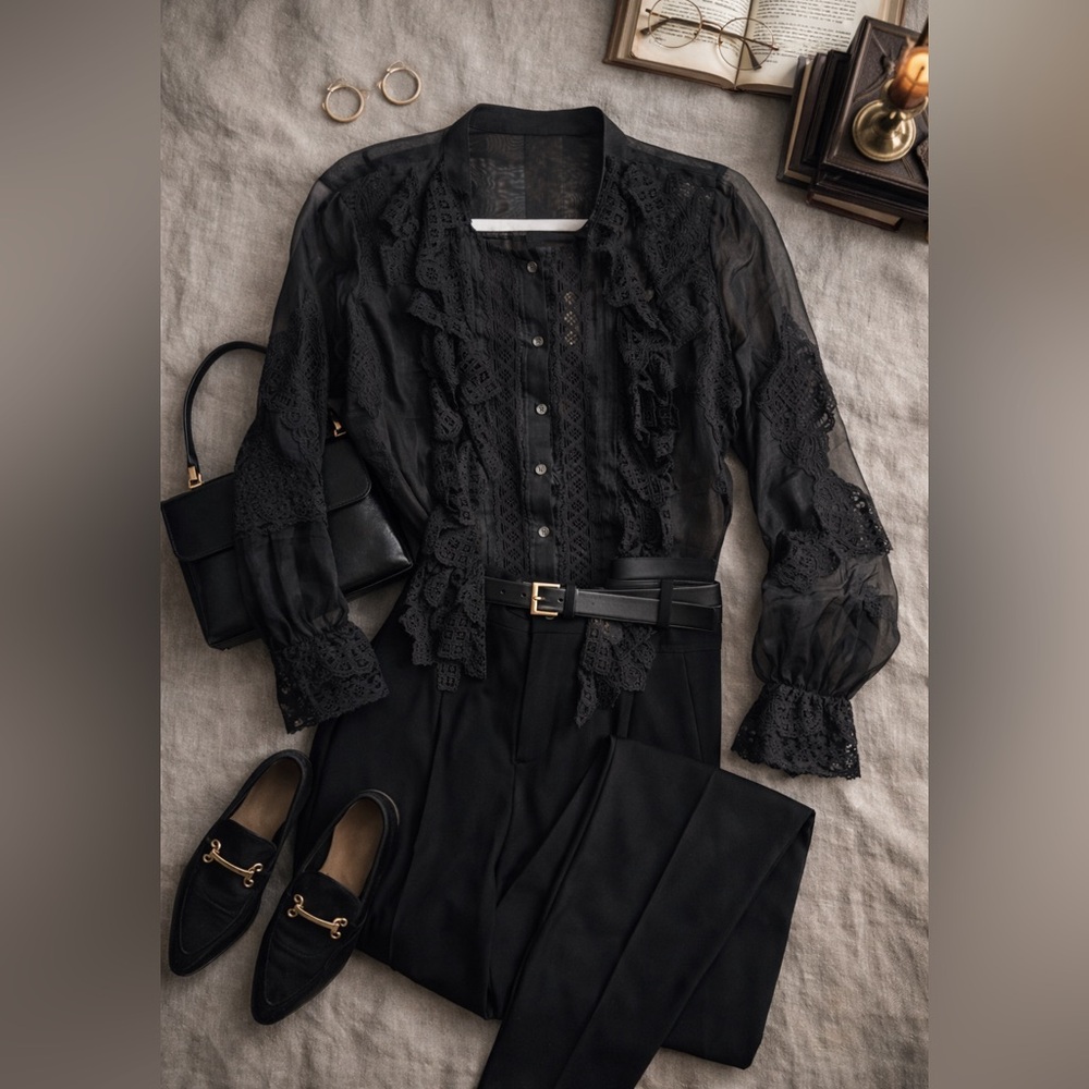 Oscar de la Renta Vintage Silk Organza Lace Blouse Black Sheer Ruffle Top sz 4 - Picture 3 of 10